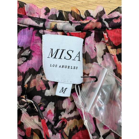 Misa Celina Red Fire Flora Sheer Long Sleeve Smocked Mini Dress NEW Medium - Picture 7 of 14